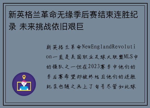新英格兰革命无缘季后赛结束连胜纪录 未来挑战依旧艰巨 新英格兰革命无缘季后赛结束连胜纪录 未来挑战依旧艰巨